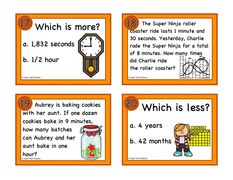 Time task cards 17–20: compare seconds and hours, count coaster rides and cookie batches, and compare years to months
