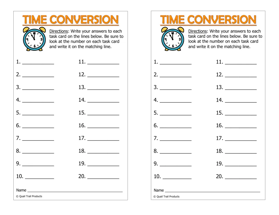 Two copies of the time task card recording sheet provide numbered answer spaces for cards 1–20 and a name field