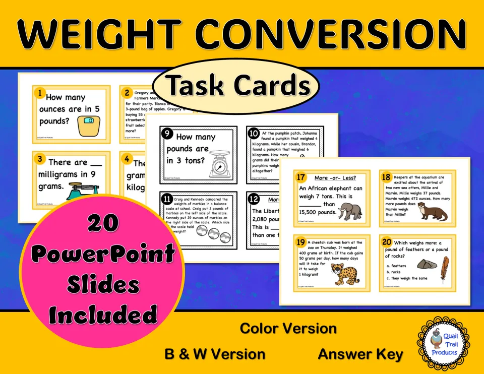 Weight conversion task card cover showing sample cards and listing 20 PowerPoint slides and an answer key