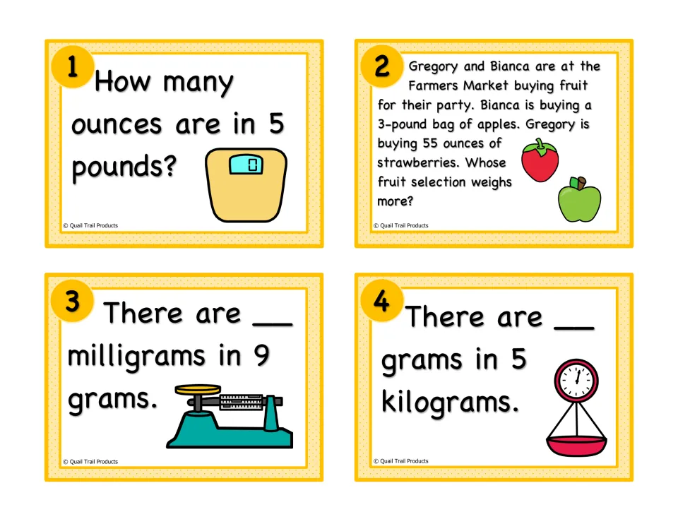 Weight conversion cards 1–4: 5 pounds to ounces, fruit weight comparison, 9 grams to milligrams, and 5 kilograms