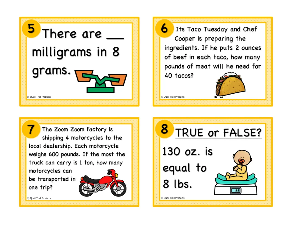 Weight conversion cards 5–8: 8 grams to milligrams, meat for 40 tacos, motorcycle loads, and 130 ounces versus 8 pounds