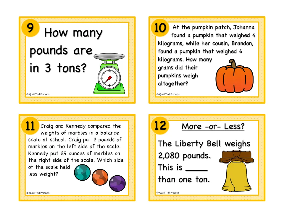 Weight conversion cards 9–12: 3 tons to pounds, pumpkin weights, marble weights, and the 2,080-pound Liberty Bell