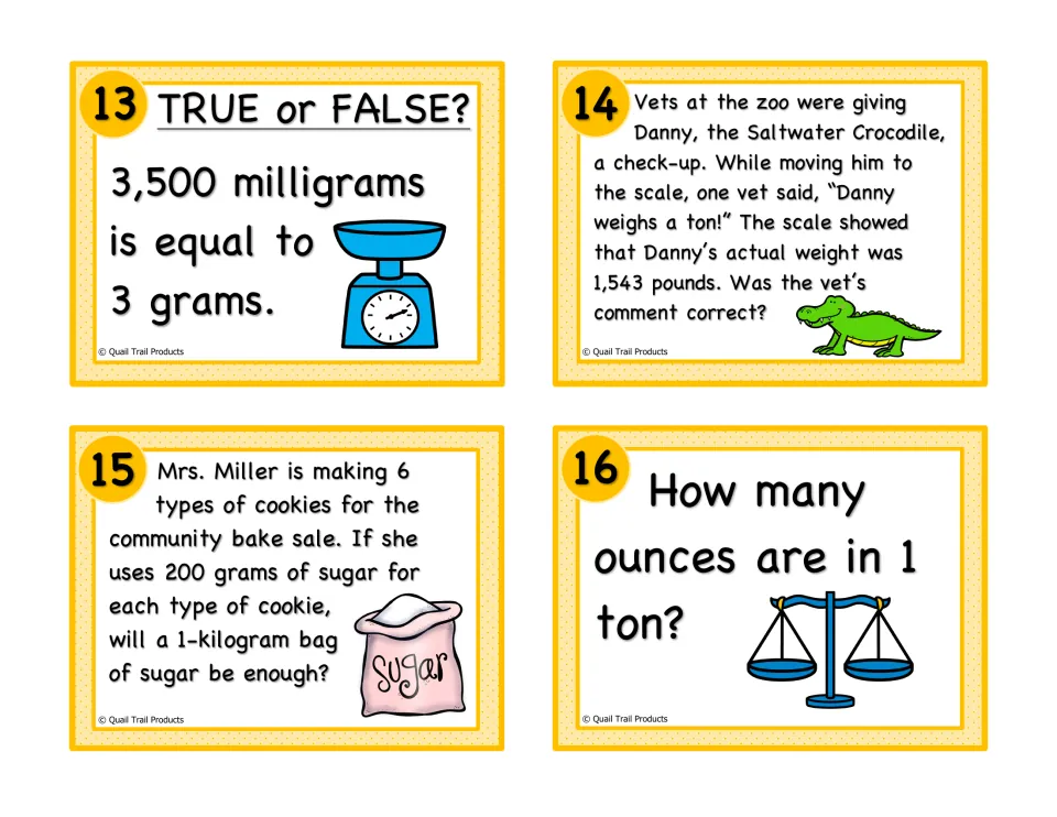 Weight conversion cards 13–16: 3,500 milligrams versus 3 grams, a crocodile's weight, sugar for cookies, and 1 ton