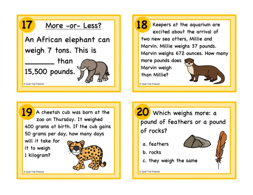 Weight conversion cards 17–20: elephant and otter weights, a cheetah cub's growth, and a pound of feathers or rocks