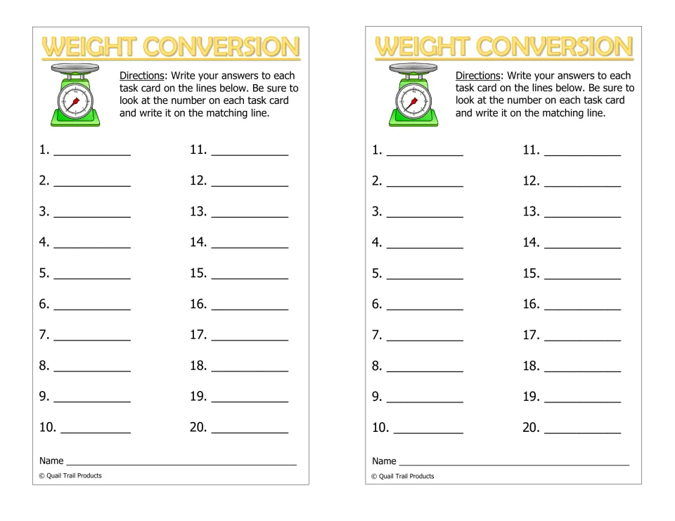 Two weight conversion answer recording sheets, each numbered 1–20, with directions to match answers to card numbers