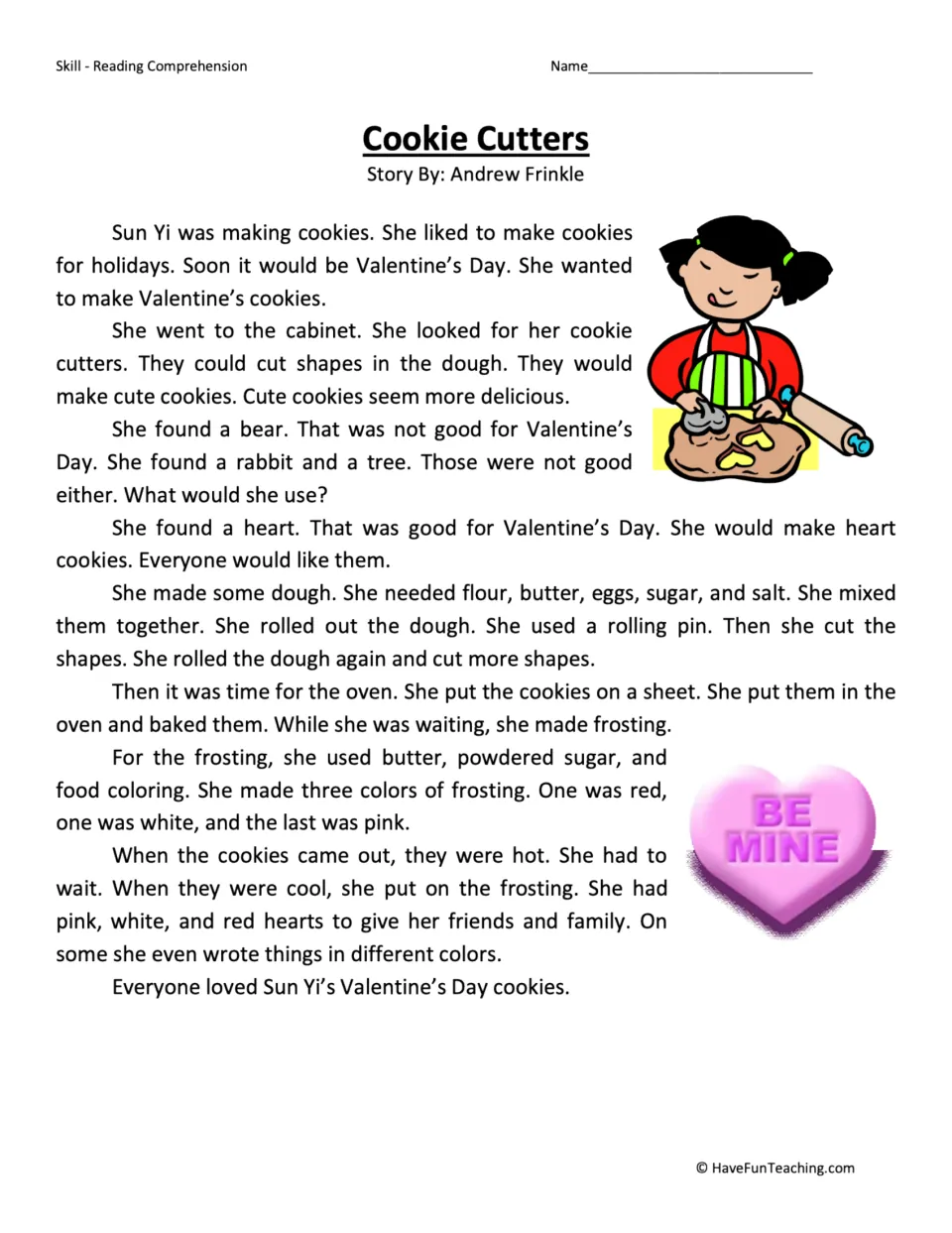 Reading passage about Sun Yi choosing a heart cookie cutter, baking Valentine's Day cookies, and frosting them.