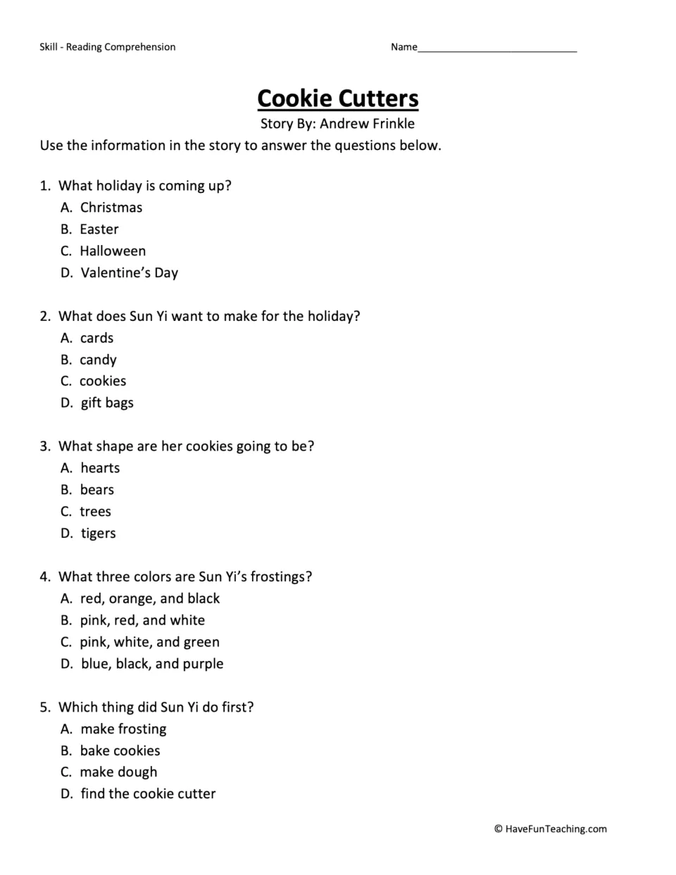 Five comprehension questions ask about the holiday, Sun Yi's cookies, their shape, frosting colors, and first step.