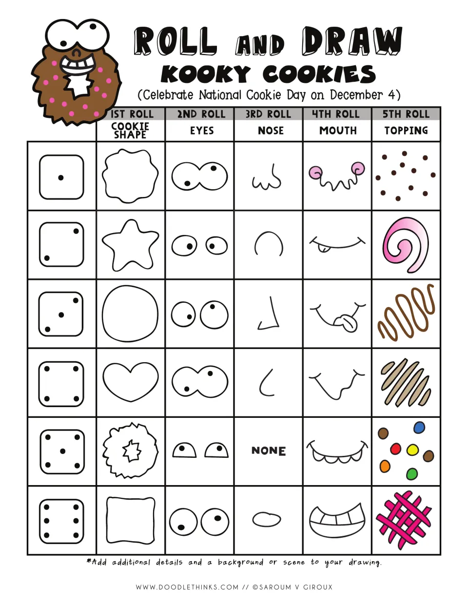 Roll and Draw Kooky Cookies in color: students roll a die five times to pick a cookie shape, eyes, nose, mouth and topping