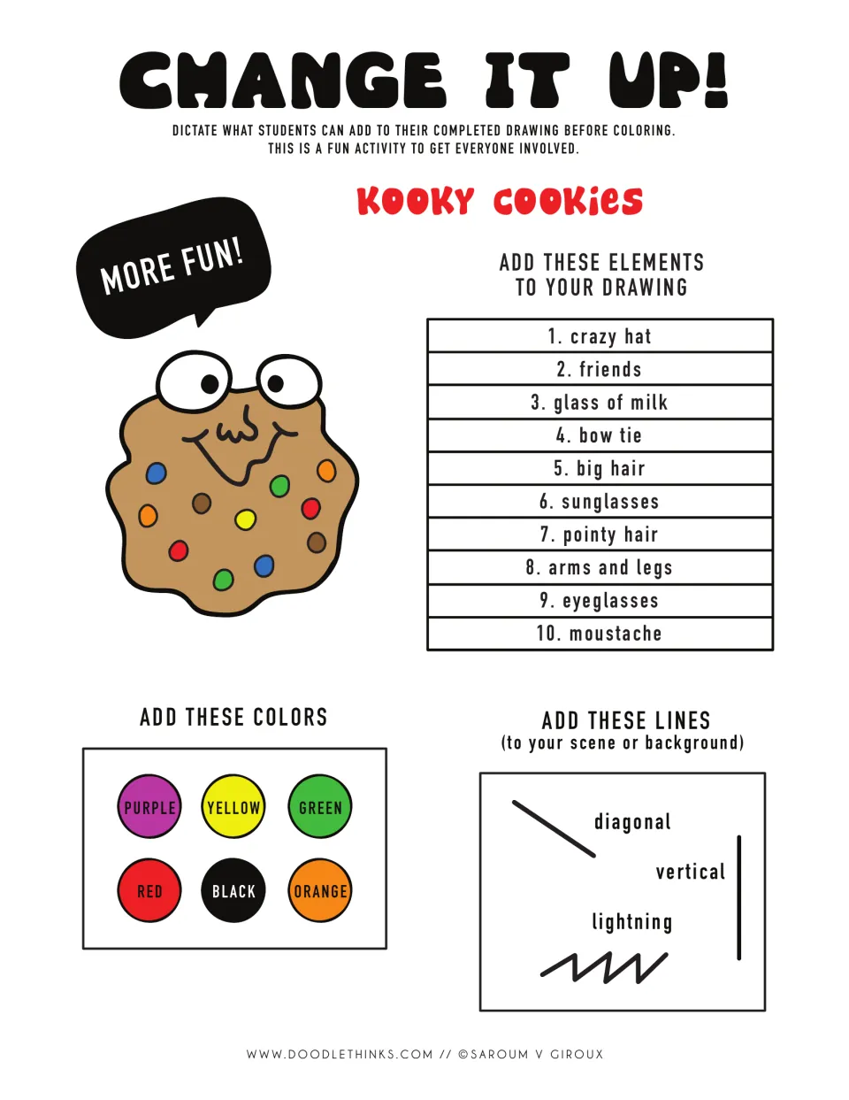 Change It Up! color extension: students add dictated items like crazy hat or glass of milk, plus six colors and line types
