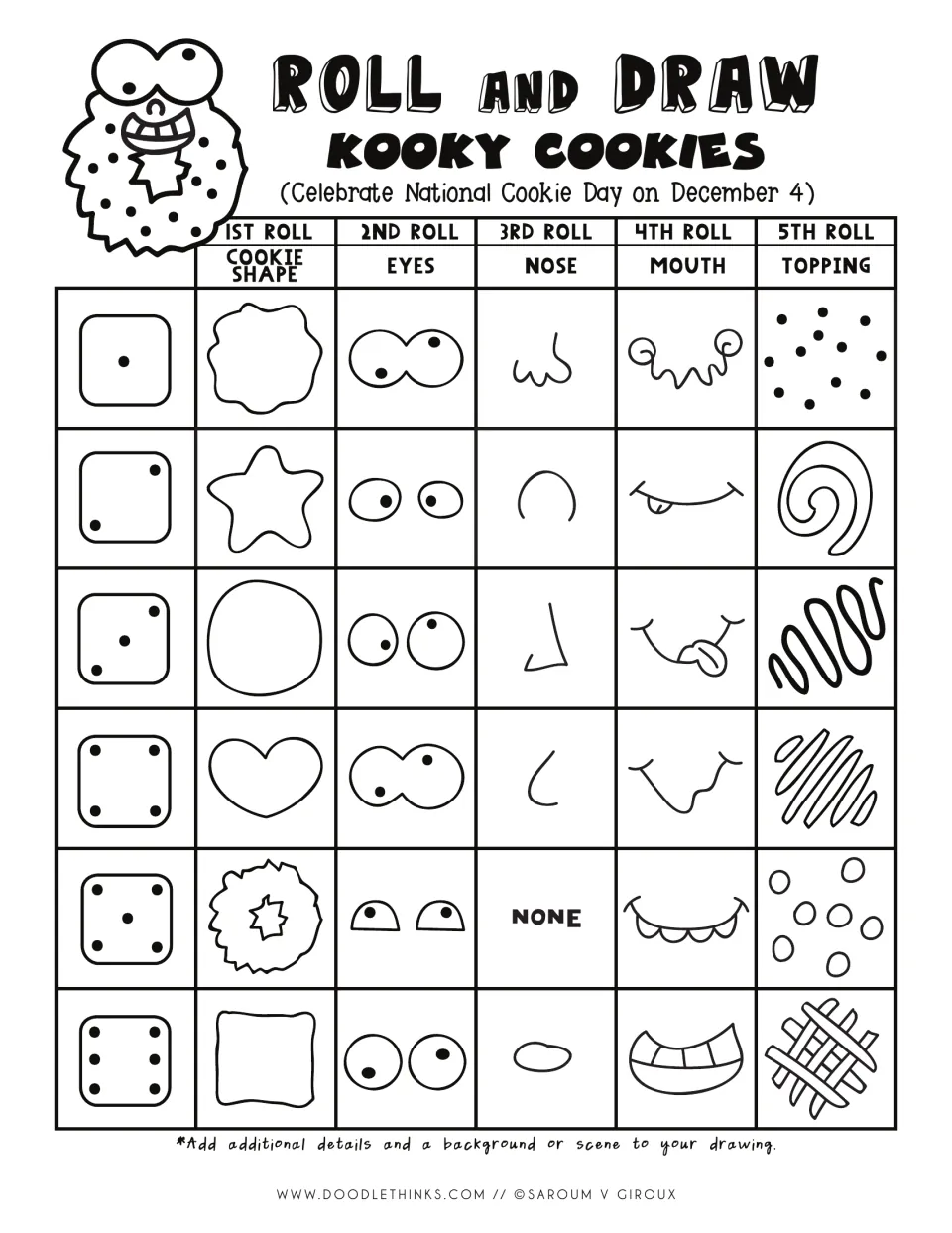 Black-and-white Kooky Cookies roll chart: die rolls 1 to 6 set cookie shape, eyes, nose, mouth and topping for a silly face