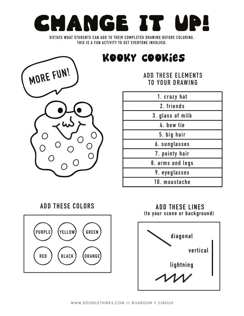 Black-and-white Change It Up! list: students add called-out extras like sunglasses, a bow tie, colors and lightning lines