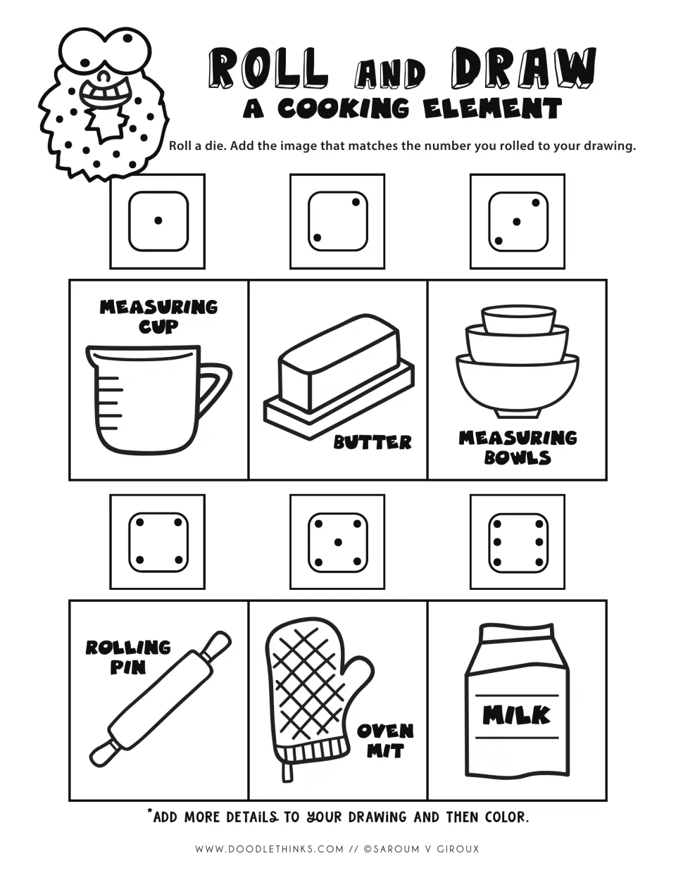 Black-and-white cooking element roll: each die number 1 to 6 matches a baking item to draw, from measuring cup to milk