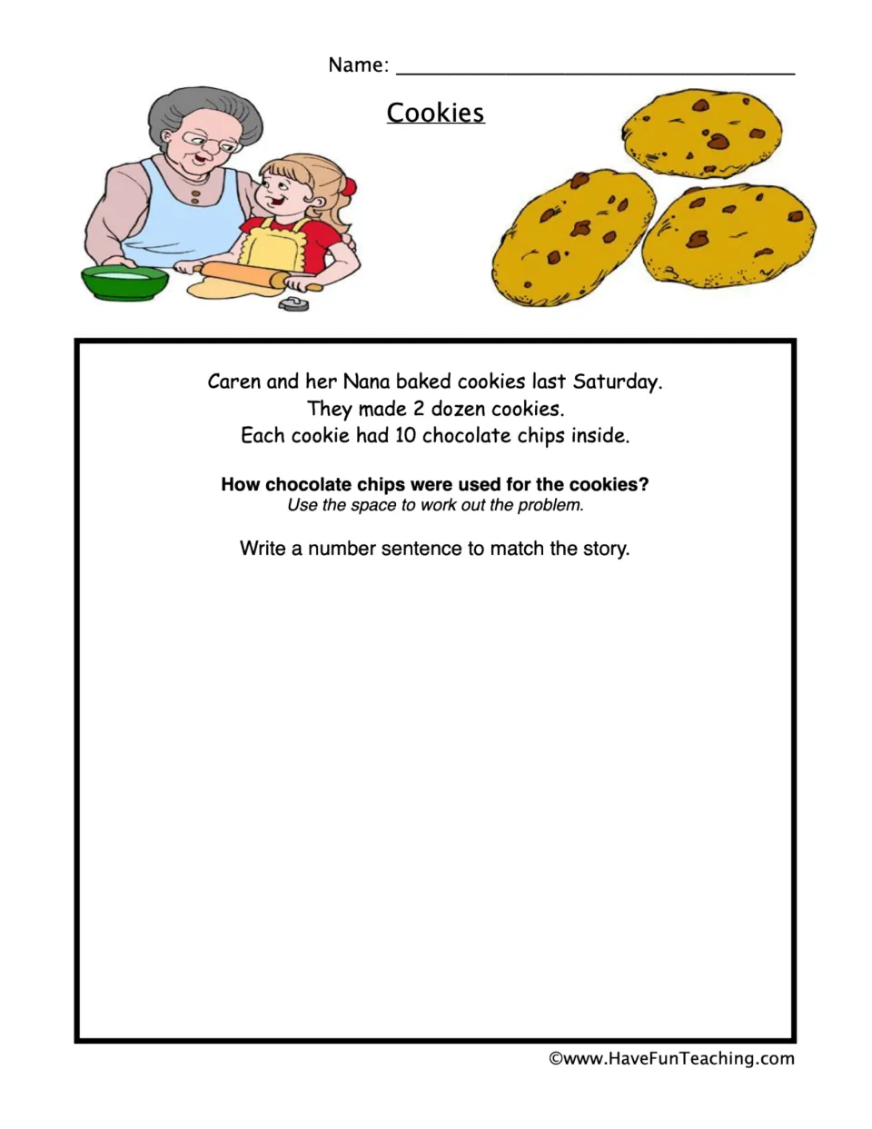 Cookie multiplication word problem: 2 dozen cookies with 10 chocolate chips each; write a number sentence.