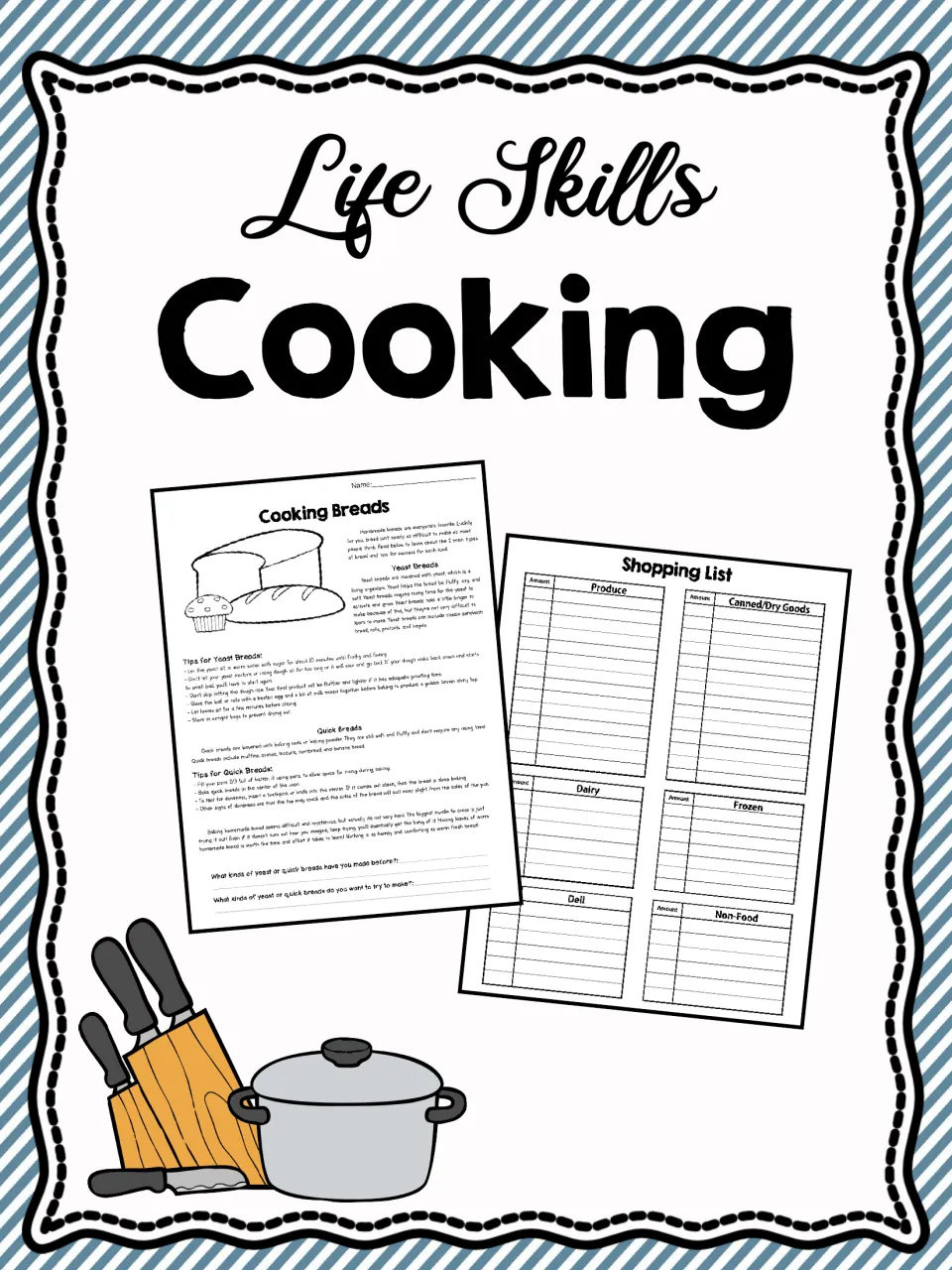 Life Skills Cooking cover showing a sample Cooking Breads handout and a Shopping List sorted by grocery section