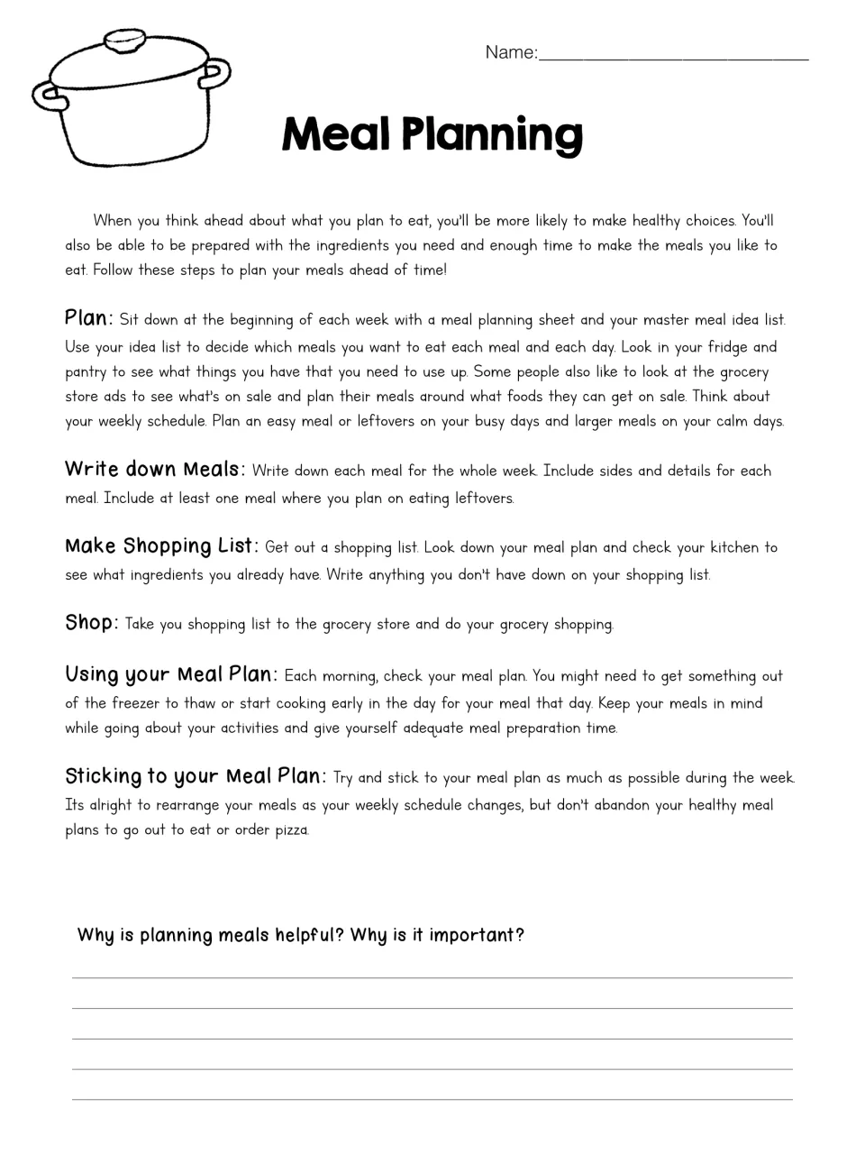 Meal Planning reading: steps to plan, list meals, shop and stick to a plan, then students explain why planning helps