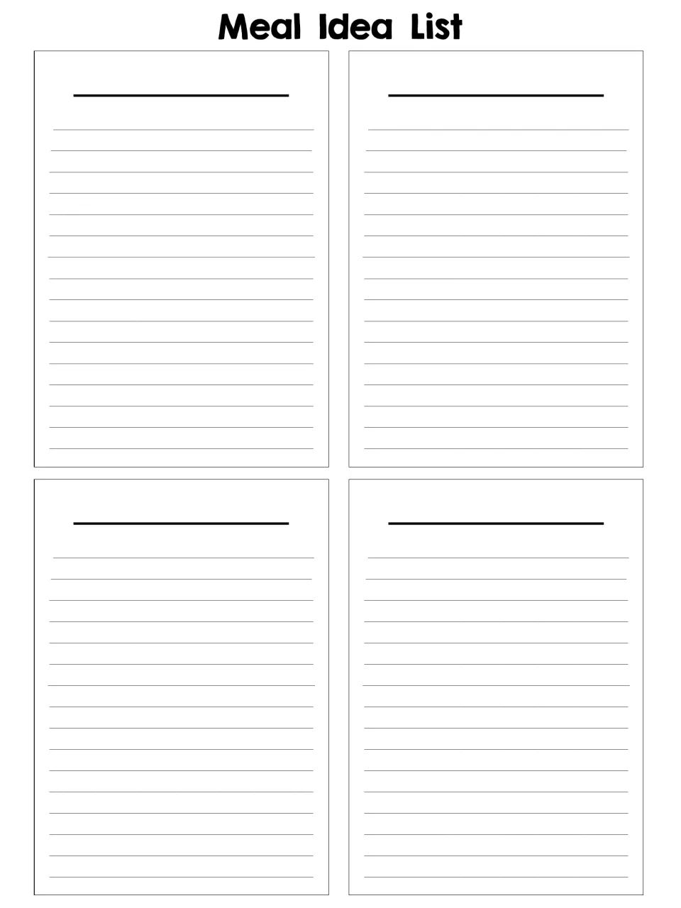 Blank Meal Idea List: students title four food categories and write meal ideas under each to build a master list