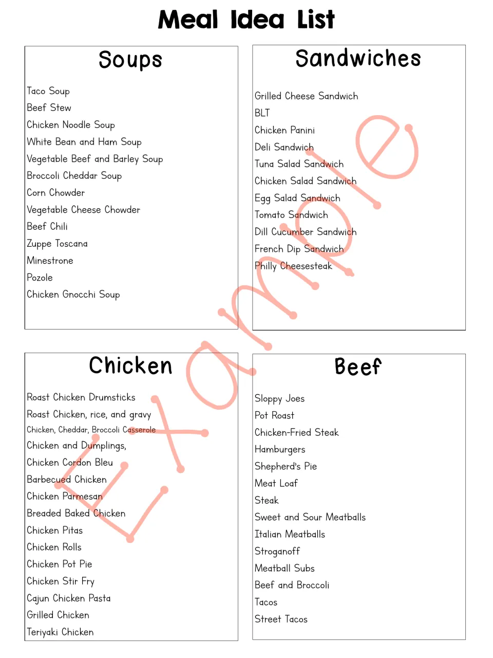 Example Meal Idea List with dishes sorted under Soups, Sandwiches, Chicken and Beef, such as taco soup and sloppy joes