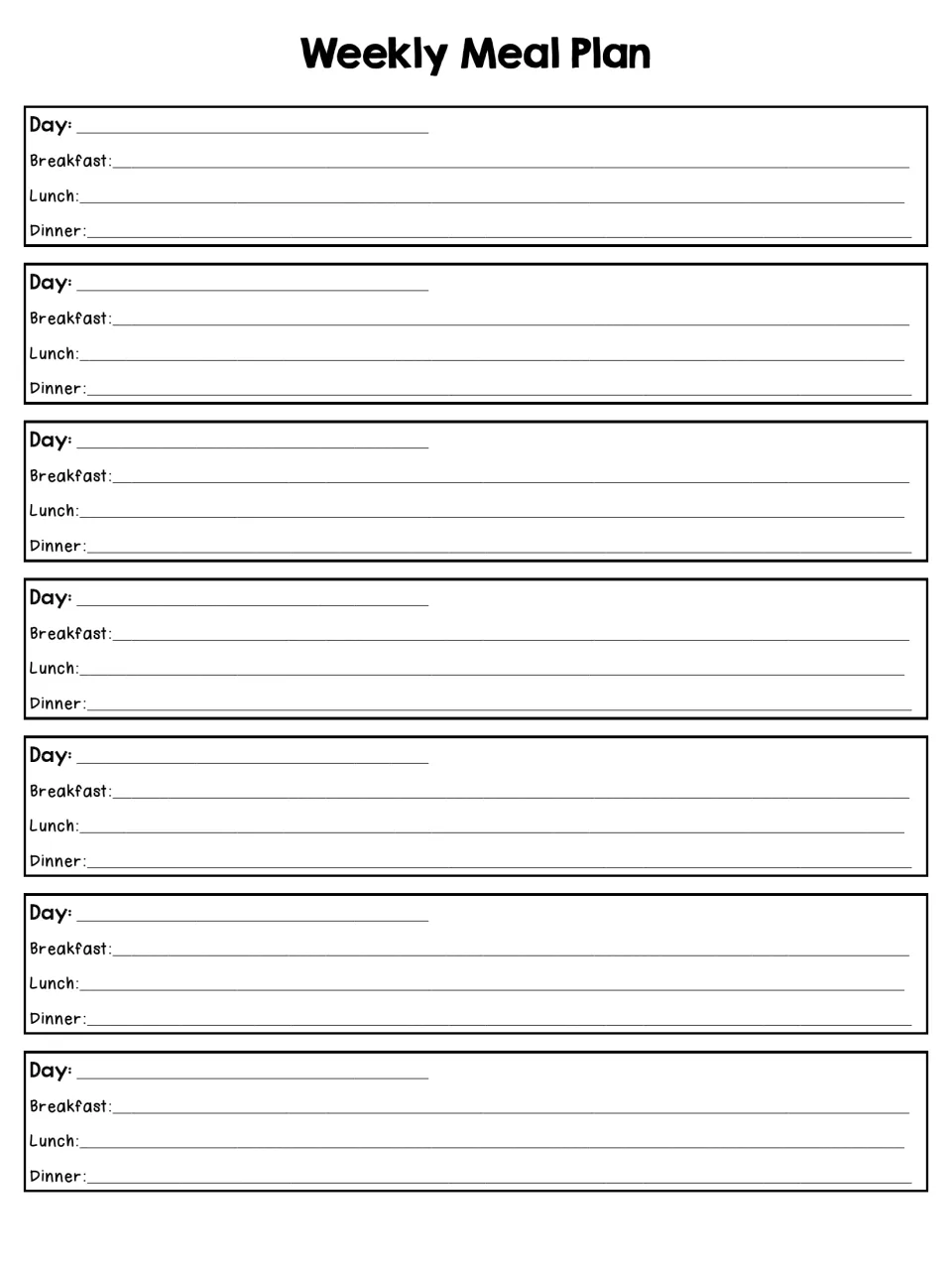 Blank Weekly Meal Plan: students fill in breakfast, lunch and dinner for each of seven days