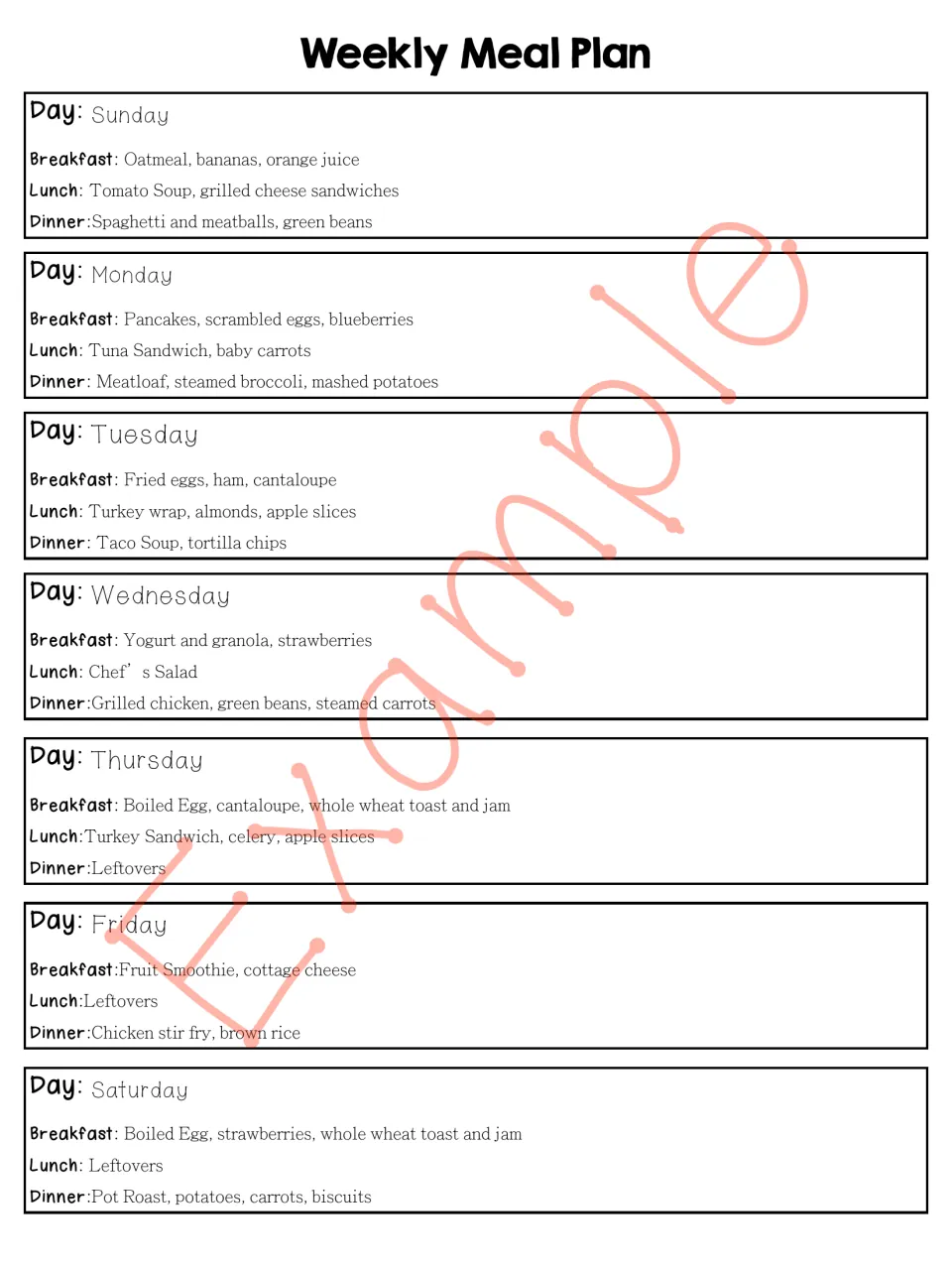 Example Weekly Meal Plan, Sunday to Saturday, from oatmeal breakfasts to pot roast dinners, with three leftover meals
