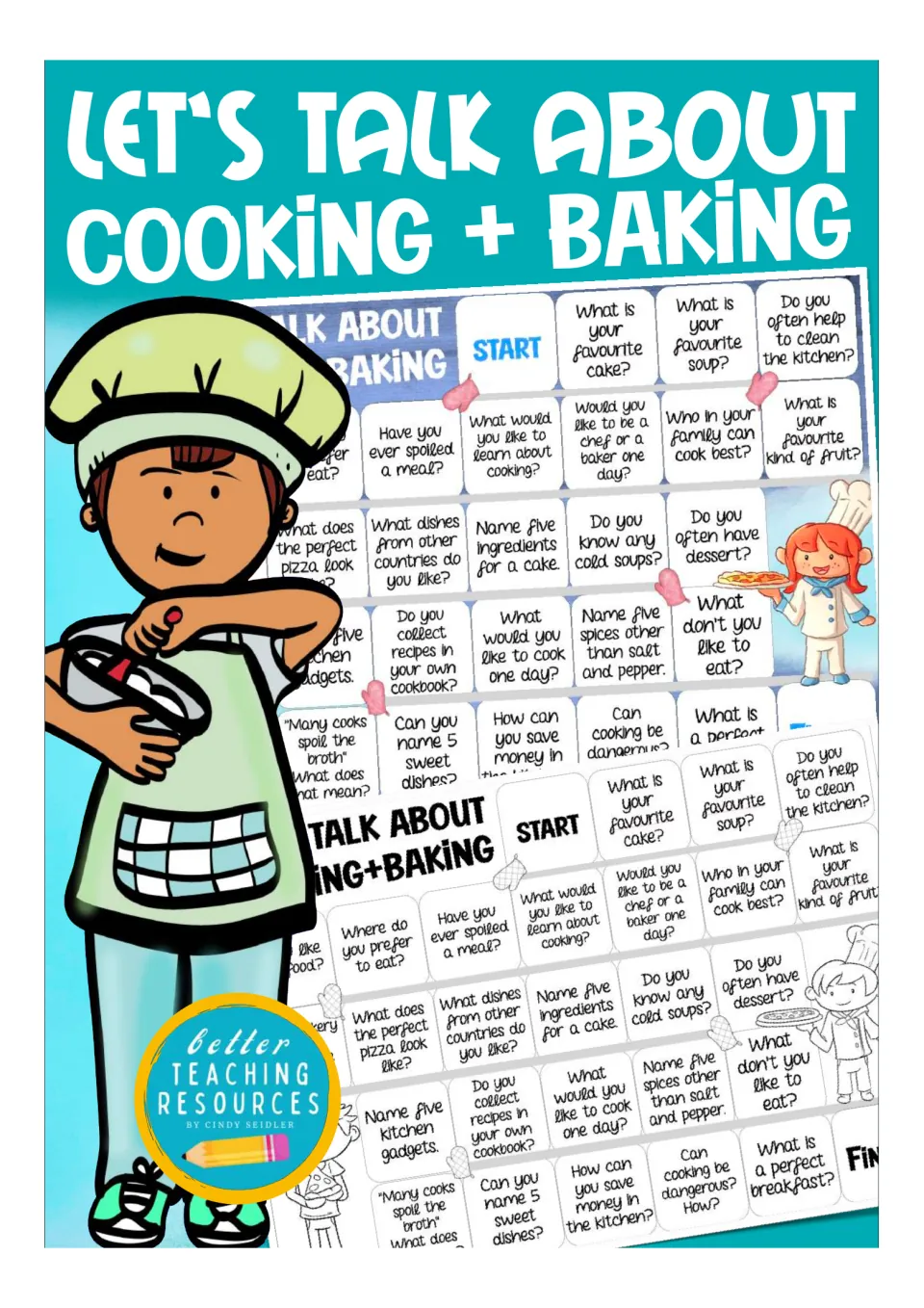 Let's Talk About Cooking + Baking cover: color and black-and-white speaking board games of kitchen questions