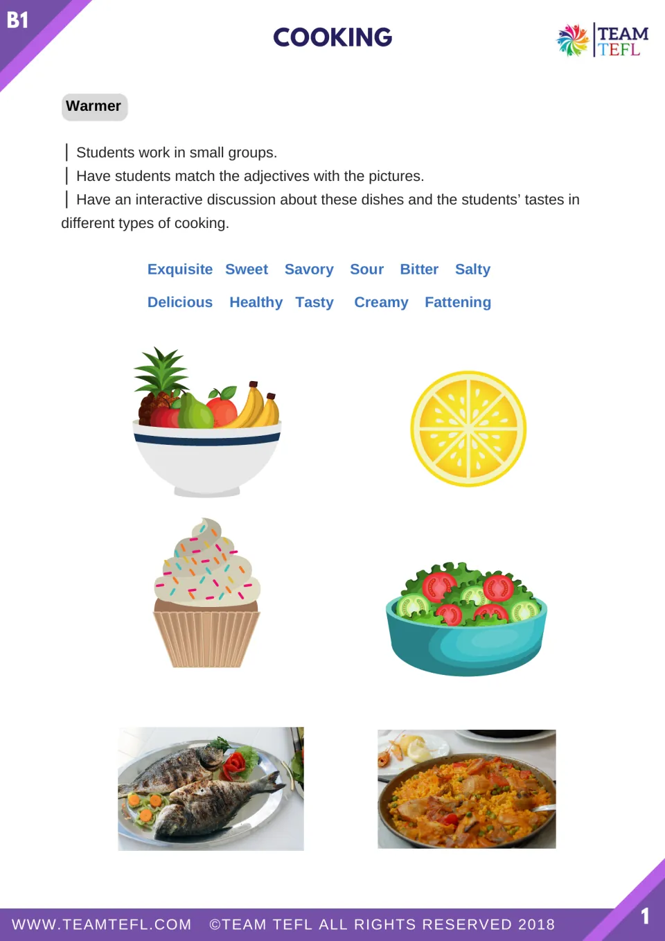 Cooking lesson warm-up asks groups to match sweet, sour, creamy, and other adjectives to six food pictures.
