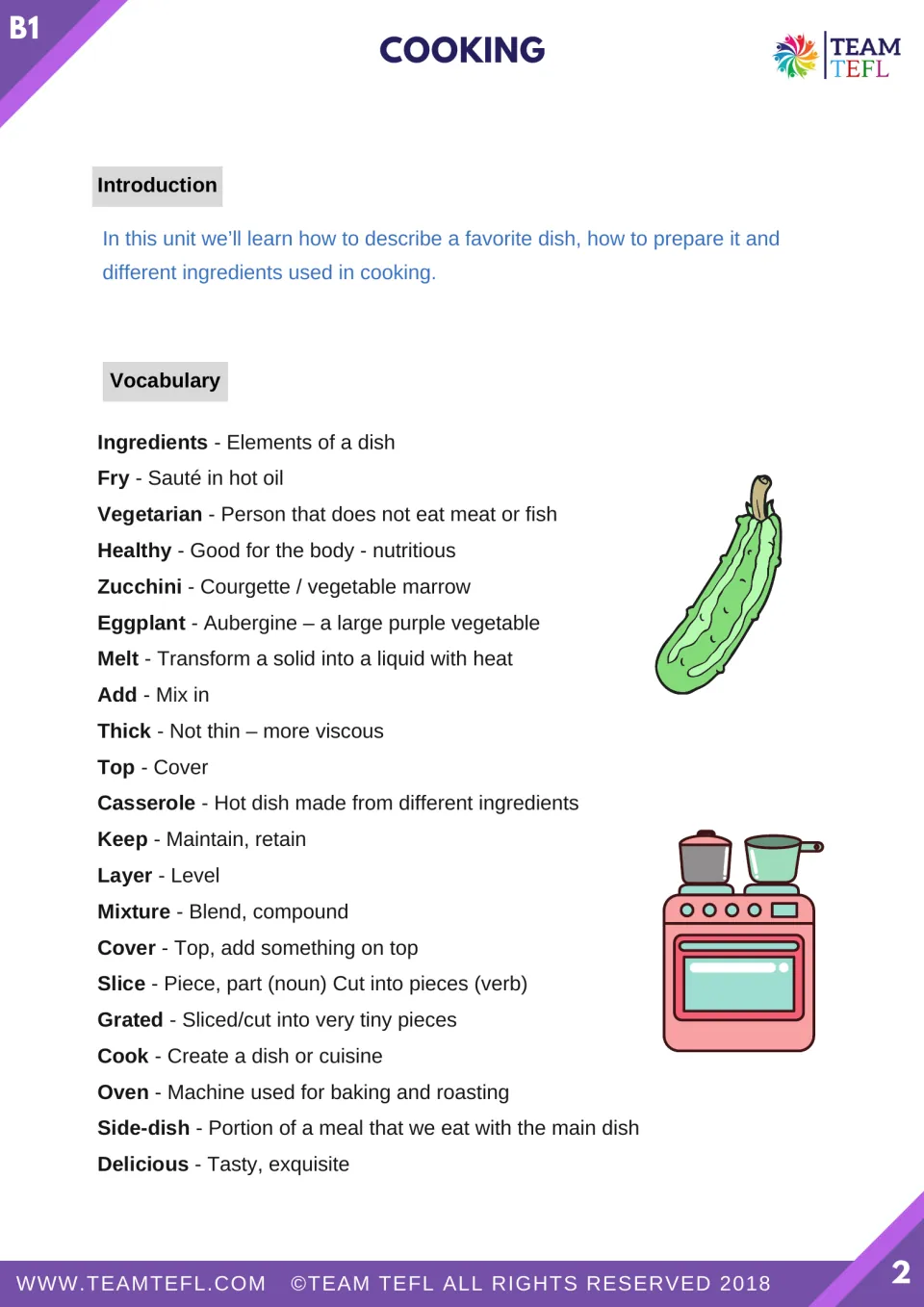 Lesson introduction and 21 cooking vocabulary definitions, including ingredients, fry, melt, and side dish.