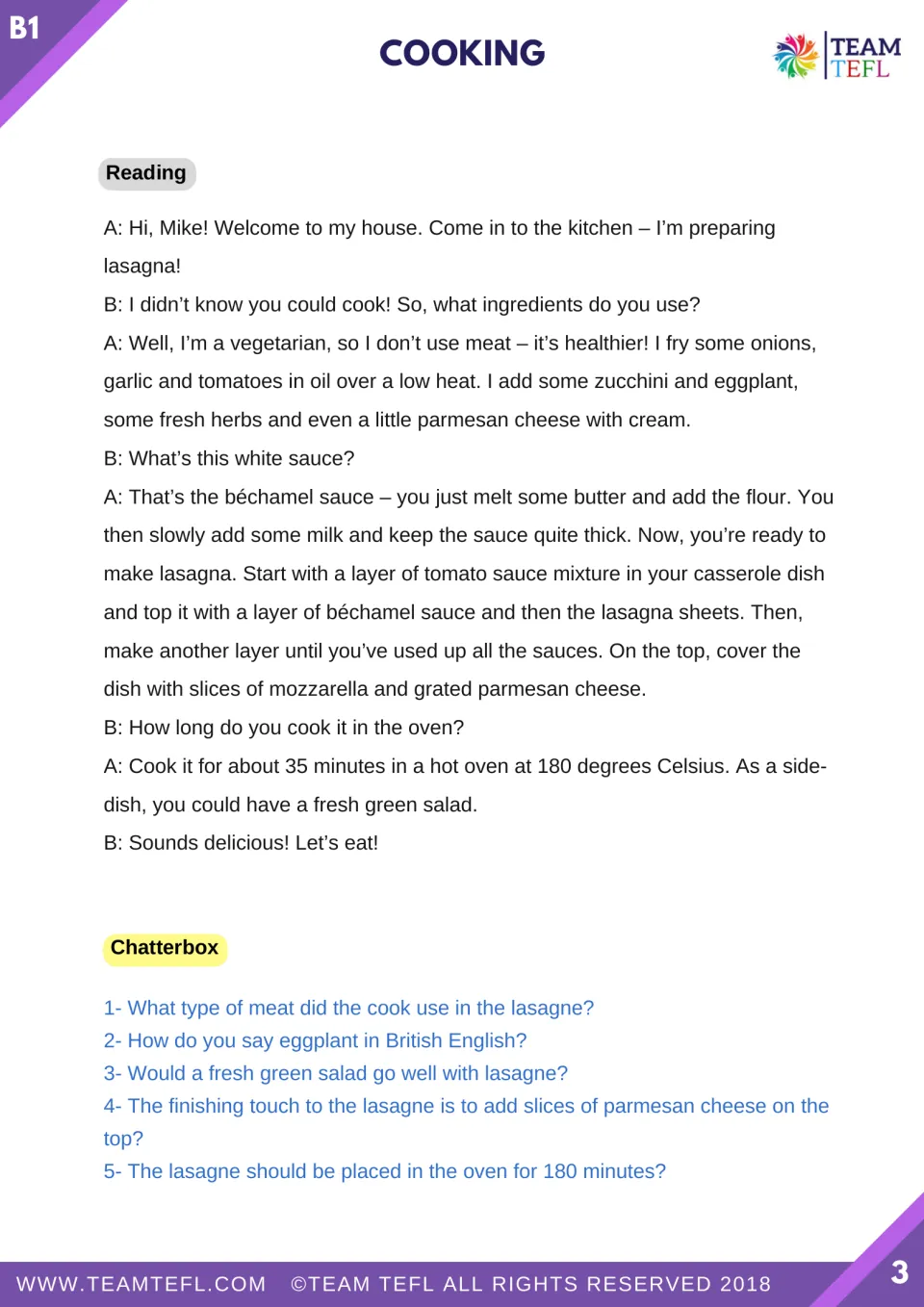 Reading dialogue explains vegetarian lasagna preparation, followed by five questions about the recipe.