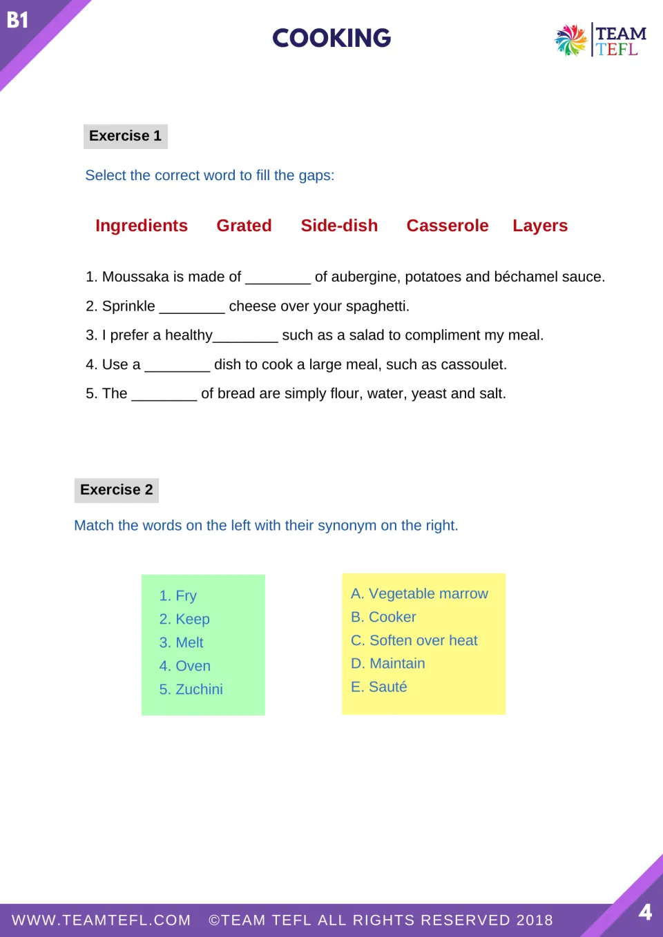 Cooking vocabulary practice includes five fill-in sentences and five synonym matches for fry, keep, and more.
