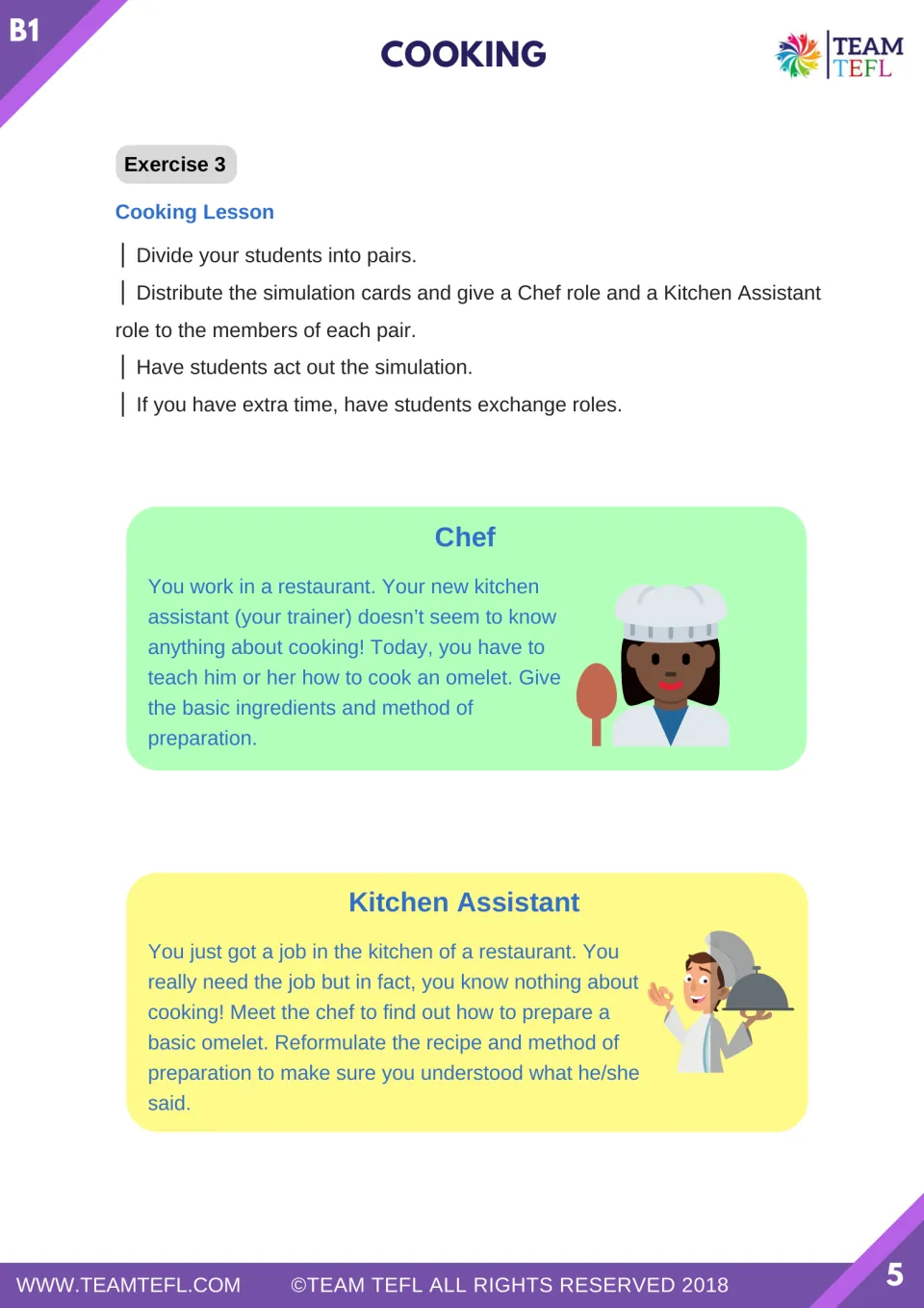 Two cooking role-play cards ask a chef to explain an omelet recipe and a kitchen assistant to repeat it.