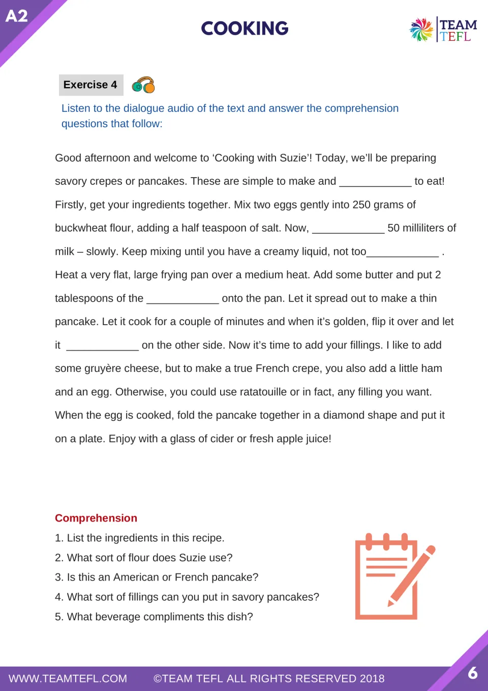 Listening exercise presents a savory crepe recipe with five missing words and five comprehension questions.