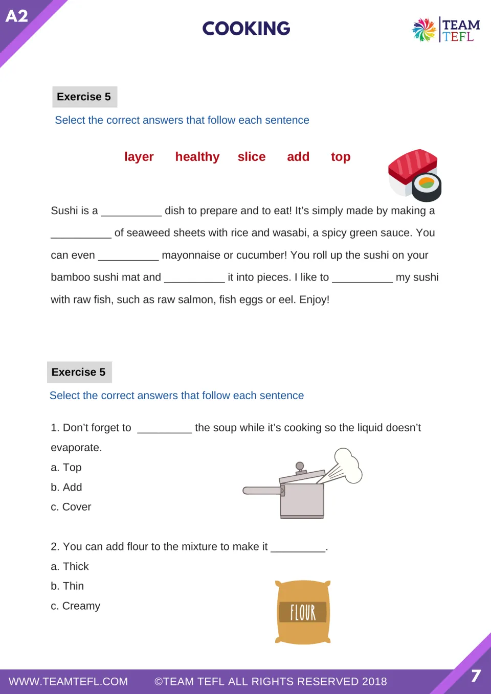 Sushi recipe practice uses healthy, layer, add, slice, and top; two questions review cover and thick.