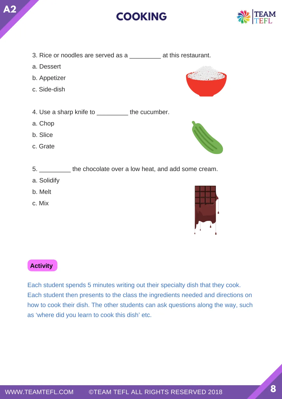 Three cooking questions cover side dishes, slicing, and melting; a final activity asks students to share recipes.
