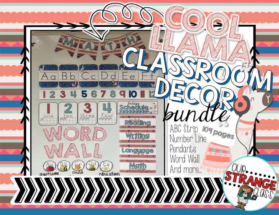 Cool Llama Classroom Decor bundle cover, 109 pages: ABC strip, number line, pendants, word wall and more, with a llama