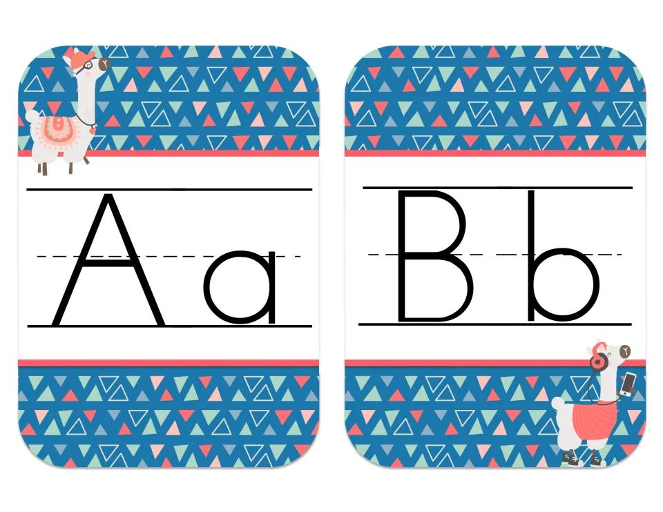 Alphabet strip cards Aa and Bb: print uppercase and lowercase letters on blue triangle-pattern cards with llama art