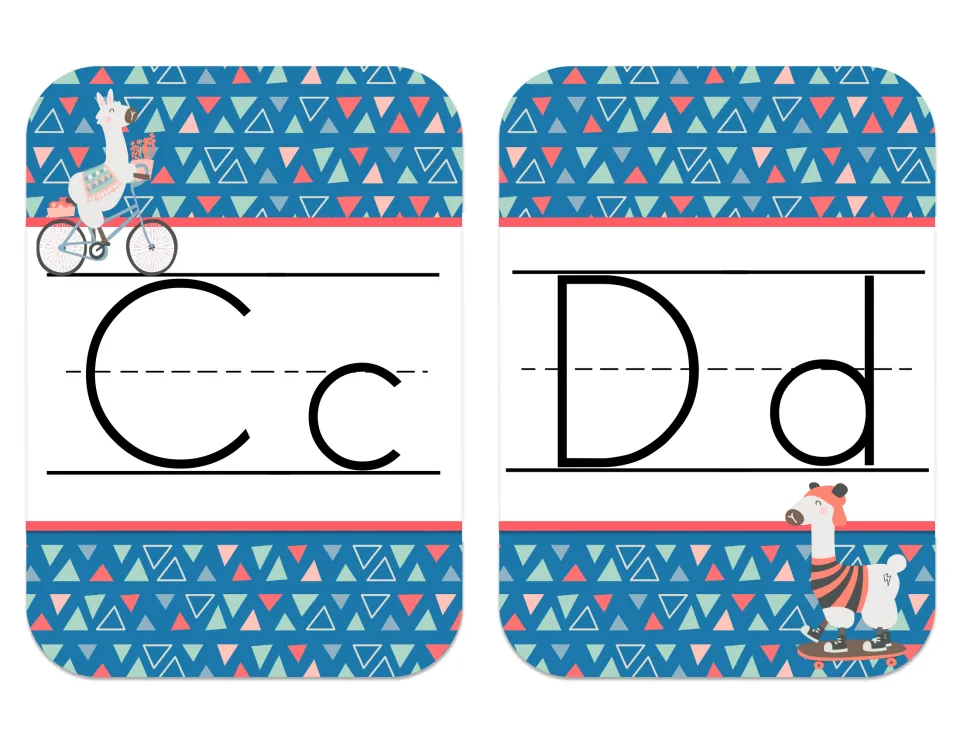 Alphabet cards Cc and Dd showing print uppercase and lowercase letters, one llama riding a bike and one on a skateboard