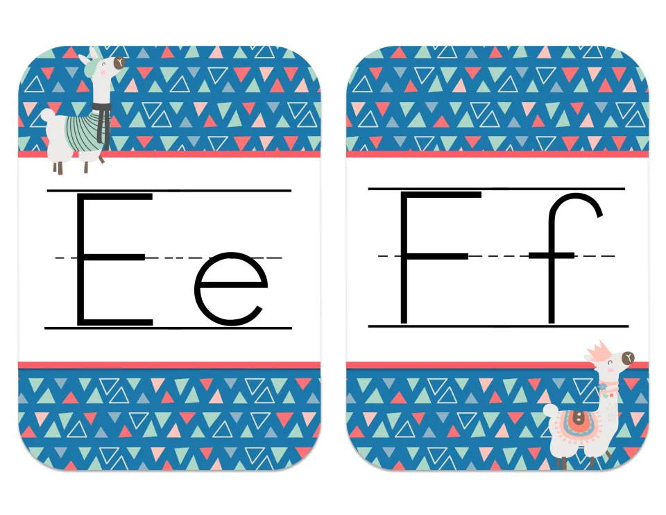 Alphabet cards Ee and Ff with print uppercase and lowercase letters, a llama in a striped sweater and one in a crown