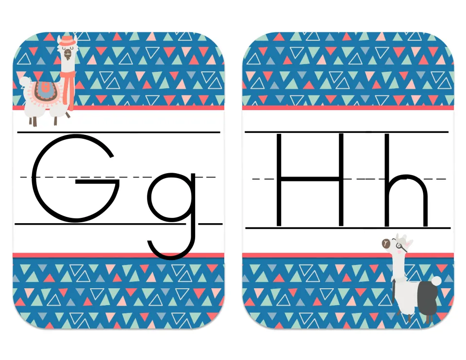 Alphabet cards Gg and Hh: print capital and small letters on patterned cards, a llama in a hat and scarf, one in glasses