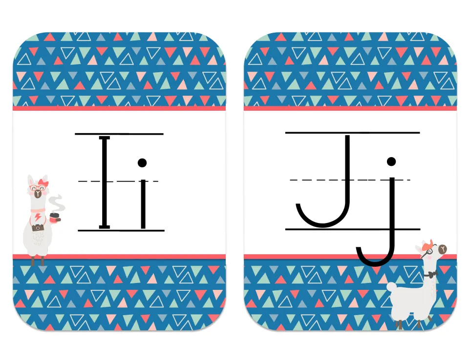 Alphabet cards Ii and Jj in print uppercase and lowercase, with a llama holding a coffee cup and one wearing a bow tie
