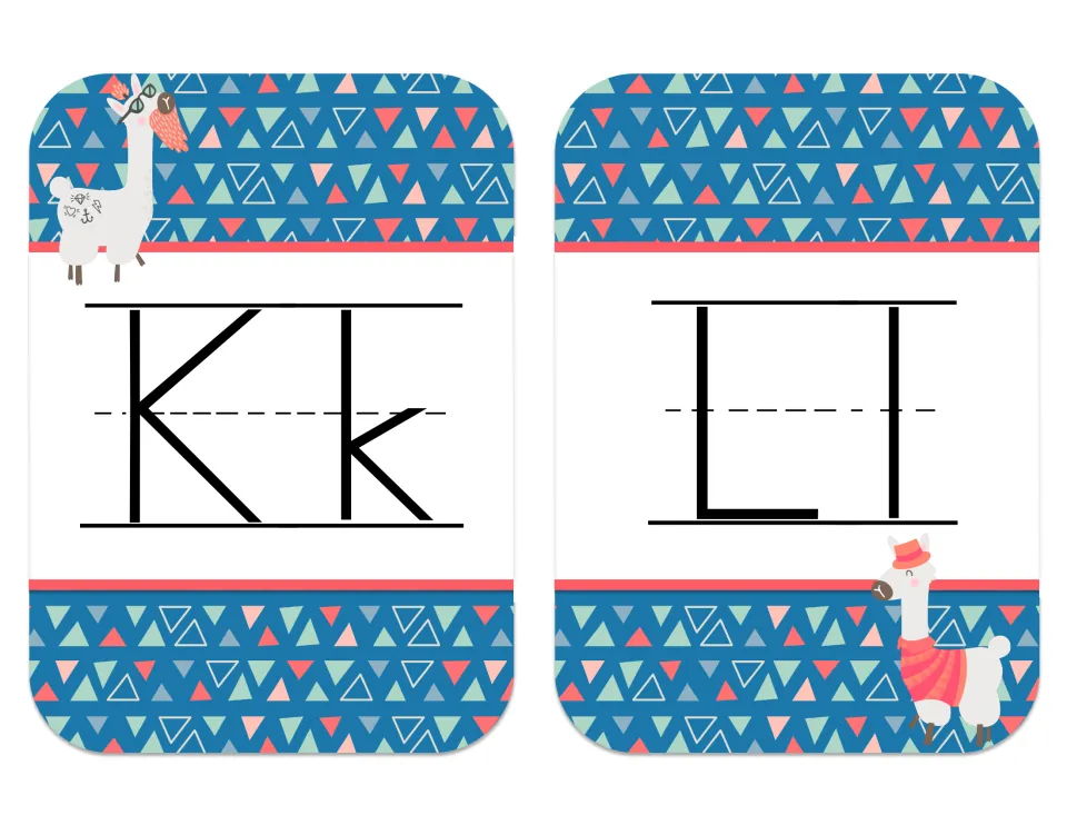 Alphabet cards Kk and Ll: print uppercase and lowercase letter pairs, a llama in glasses and one in a red hat and sweater