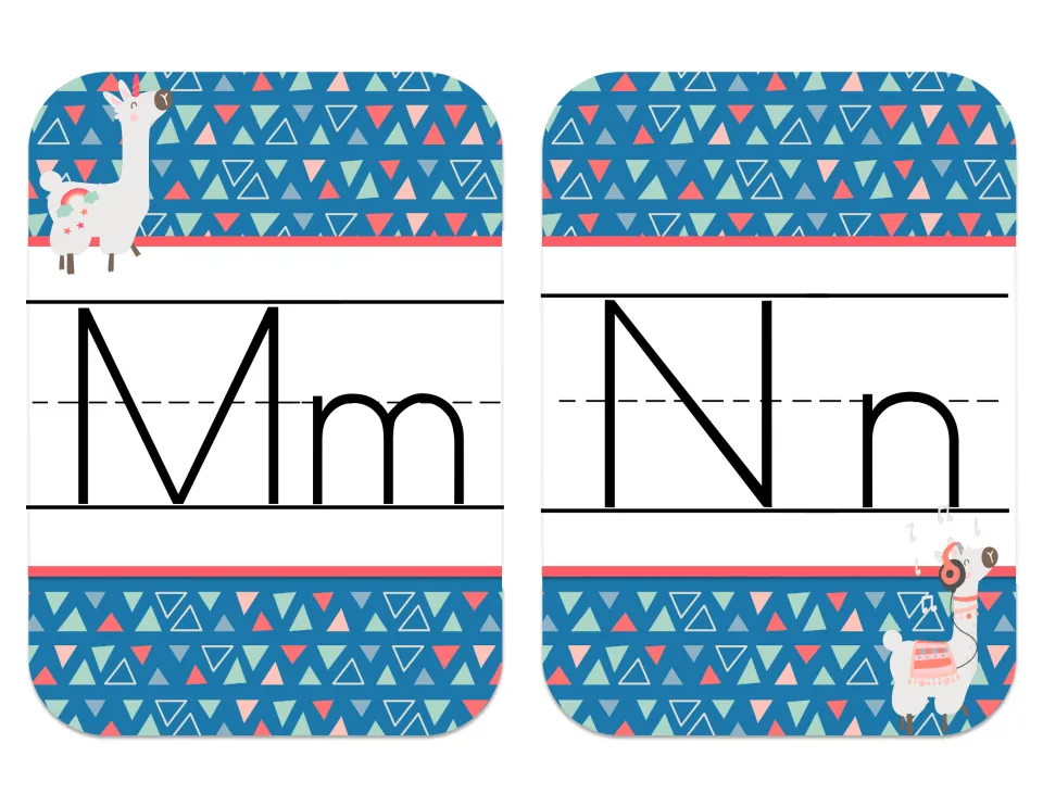Alphabet cards Mm and Nn showing print uppercase and lowercase letters, a unicorn-horn llama and a llama with headphones