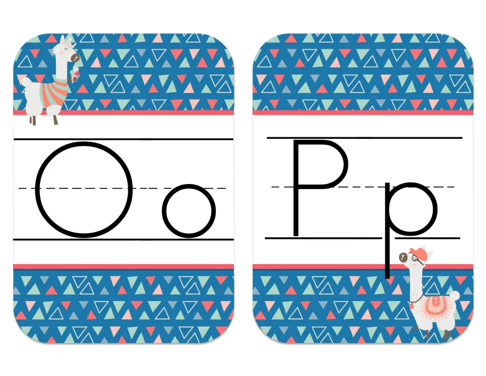 Alphabet cards Oo and Pp with print capital and lowercase letters, a llama eating ice cream and one in a cap and glasses