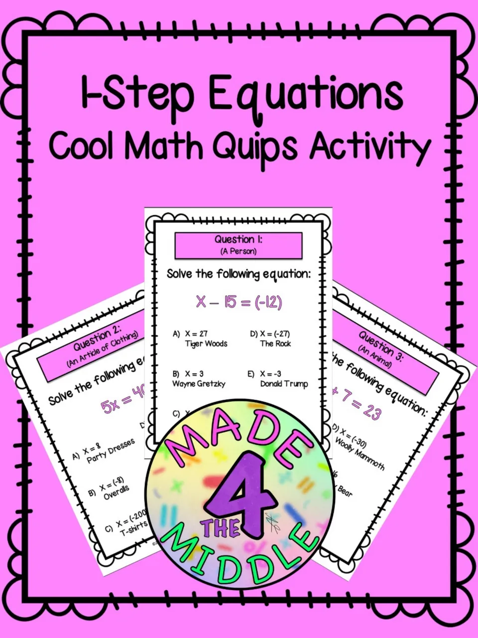Cool Math Quips cover for 1-step equations: sample task cards pair each answer with a person, clothing item or animal