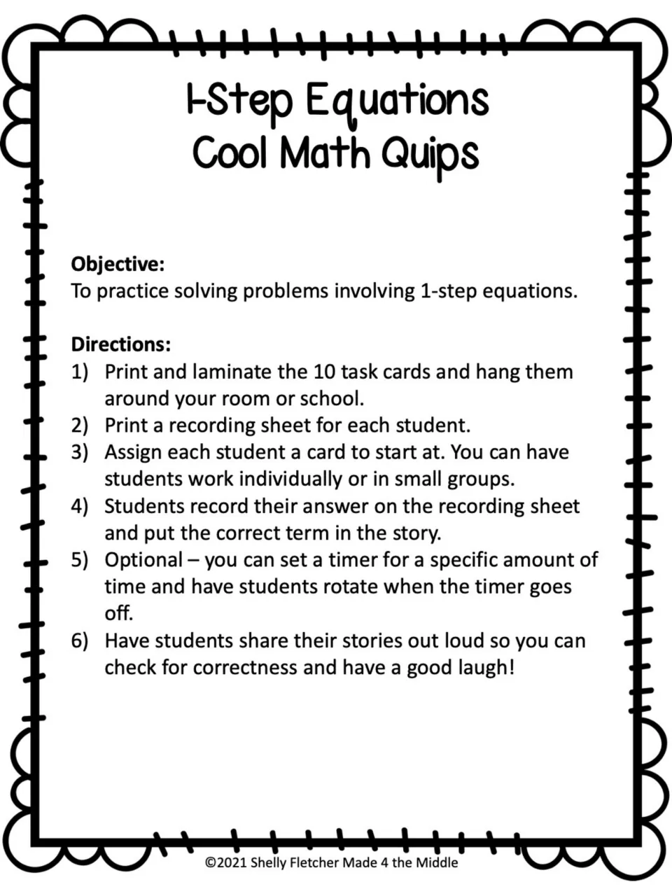 Teacher directions: hang 10 task cards, give each student a recording sheet, solve and add the matching term to a story