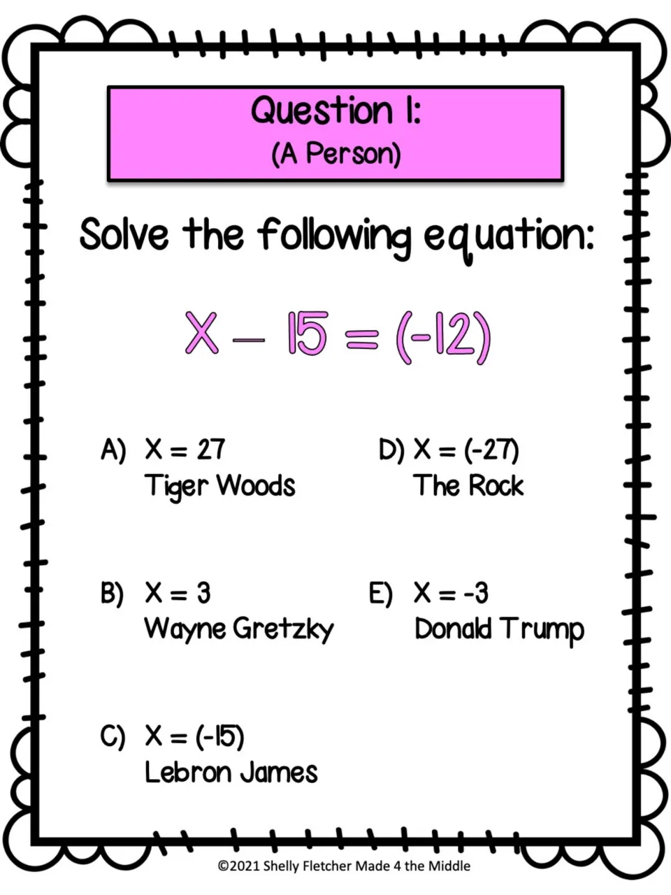 Question 1 (A Person): students solve x - 15 = -12 and pick from five choices, each tied to a name like Tiger Woods