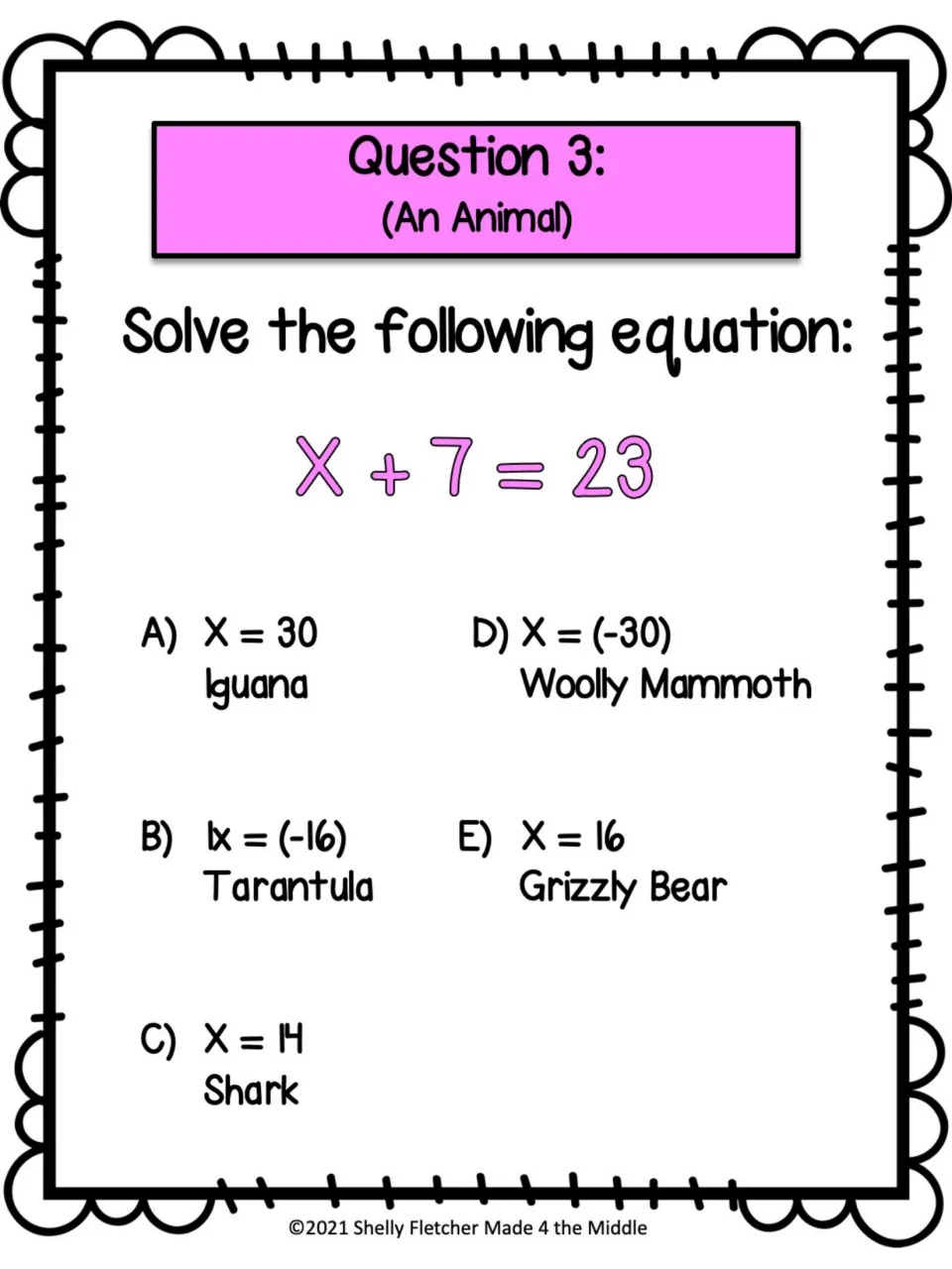 Question 3 (An Animal): students solve x + 7 = 23 using subtraction and choose an animal answer such as Shark or Iguana