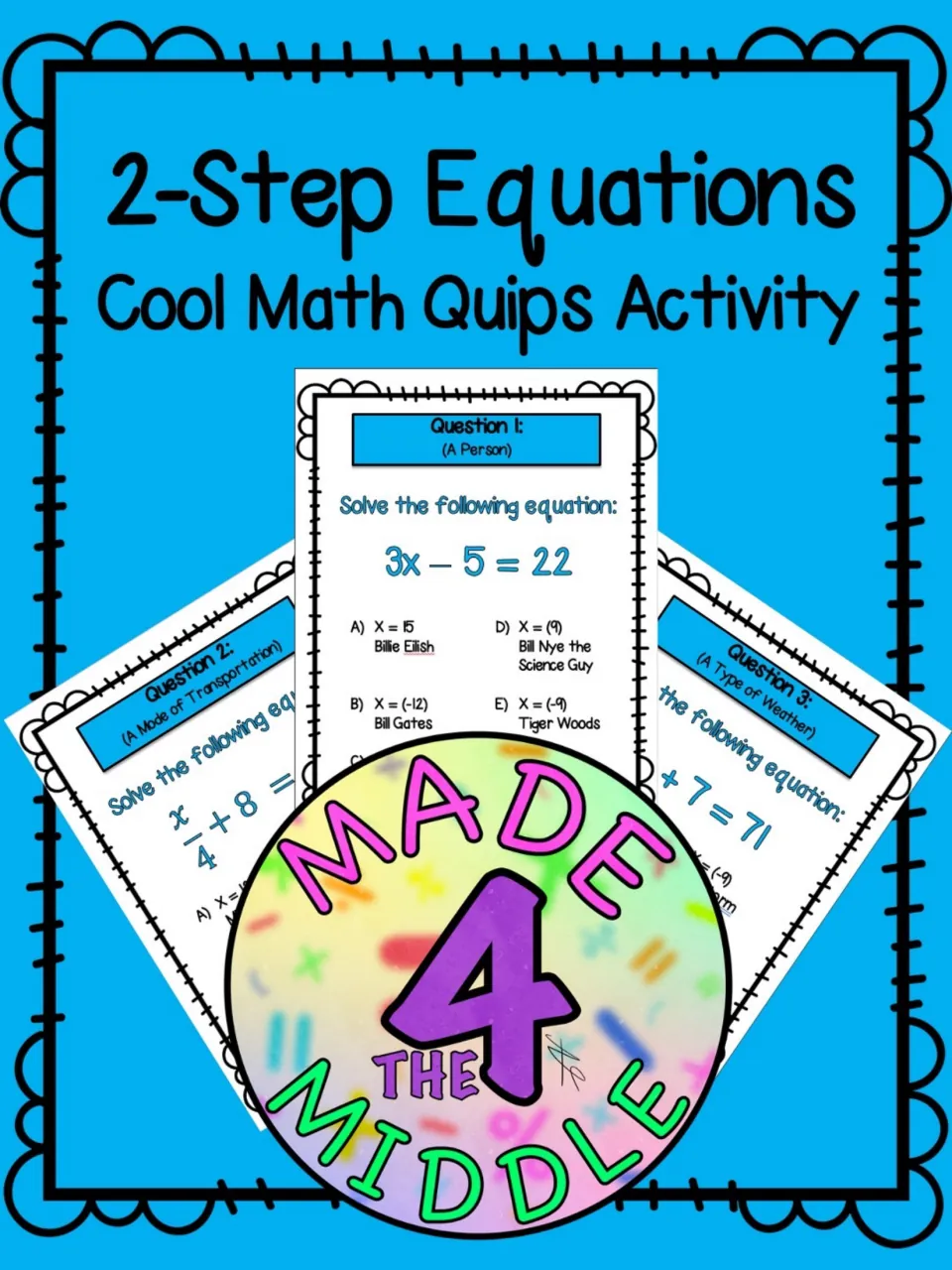 Cover for 2-Step Equations Cool Math Quips Activity, showing question cards 1 to 3, each an equation with lettered choices