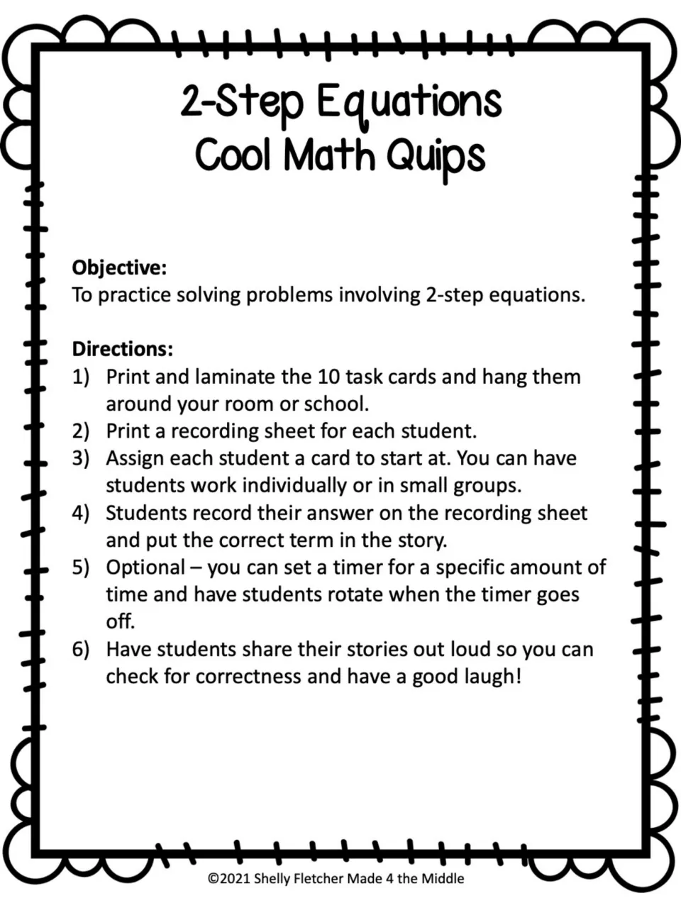 Teacher directions: hang 10 task cards, students solve on a recording sheet and add each chosen term to the story