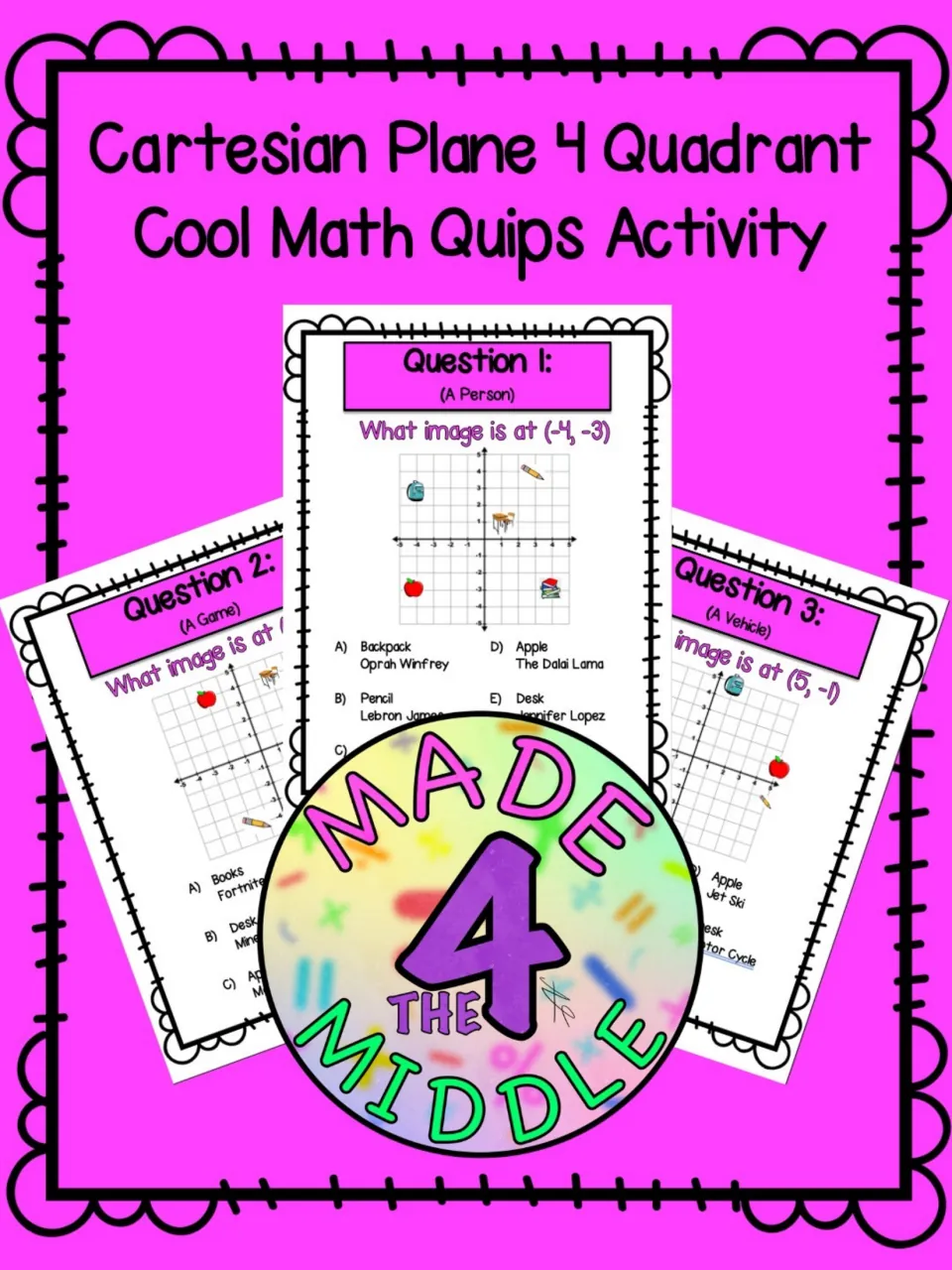 Cover of a four-quadrant Cartesian plane quips activity showing sample task cards asking what image is at a given point