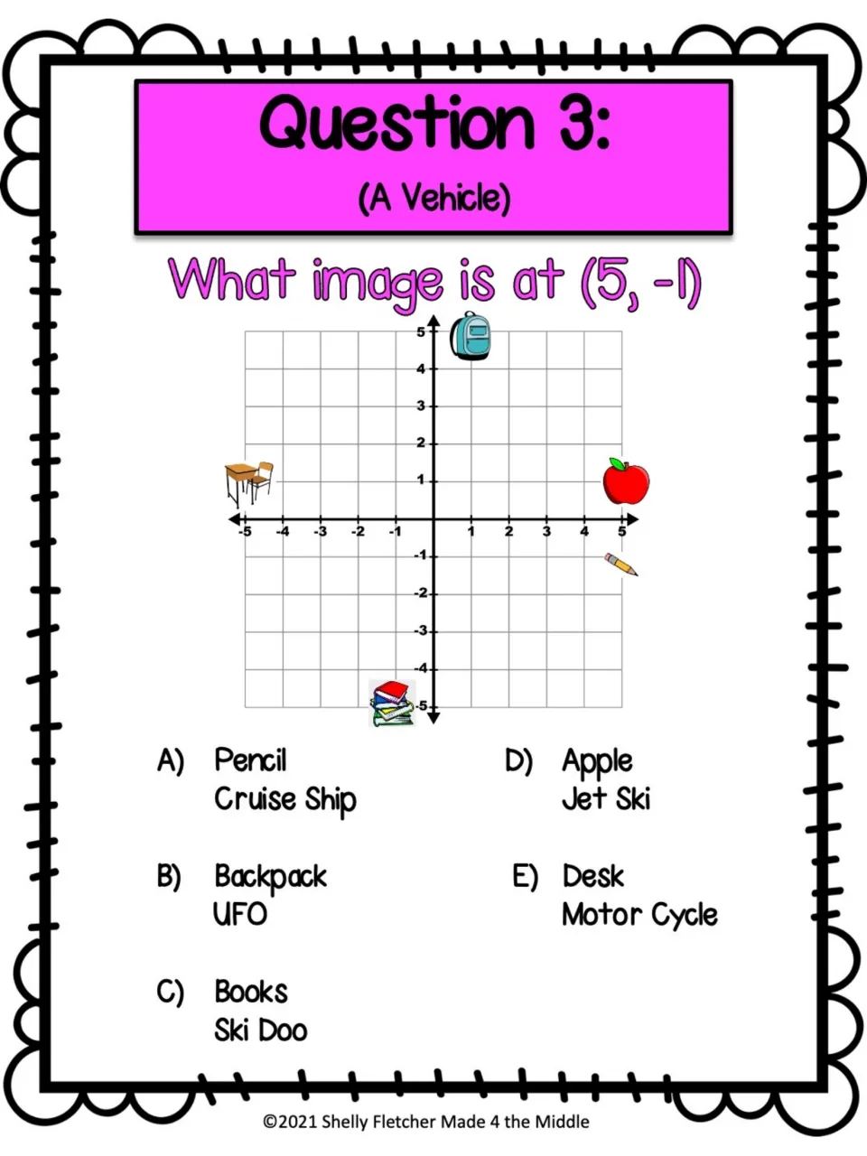 Question 3 (A Vehicle): identify the object at (5, -1) from choices paired with cruise ship, UFO, Ski Doo, jet ski