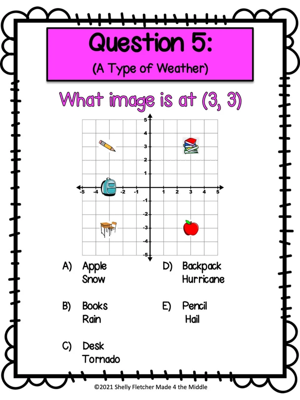 Question 5 (A Type of Weather): name the picture plotted at (3, 3); answers pair objects with snow, rain, tornado, hail